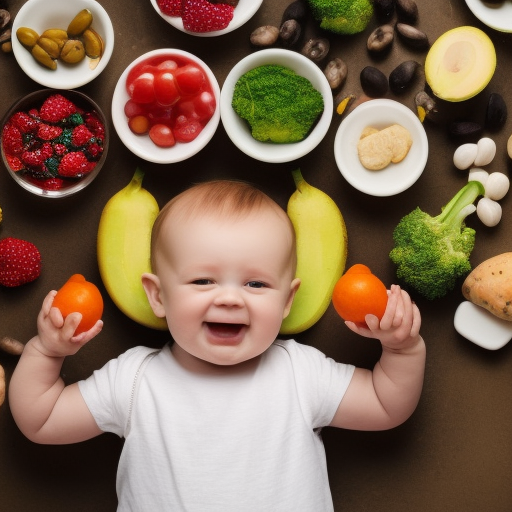 

An image of a smiling baby with a spoon in one hand and a piece of food in the other, surrounded by a variety of healthy food options, to illustrate the benefits of baby-led weaning versus traditional weaning.