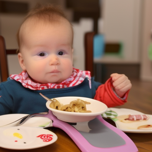 

The image shows a baby sitting in a highchair, with a plate of food in front of them. The baby is reaching for the food, but the plate is too far away for them to reach. The caption reads: "Don't