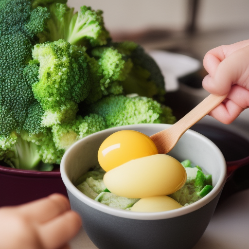 

A close-up image of a baby's hand reaching for a piece of soft-boiled broccoli, with a spoon and bowl of steaming vegetables in the background.