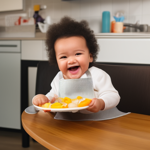 

The image shows a smiling baby sitting in a high chair, wearing a bib and holding a piece of food in their hand. The image illustrates the concept of Baby Led Weaning, which encourages babies to feed themselves and explore different types of