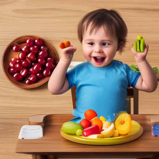 

An image of a happy baby sitting in a high chair, with a plate of colorful, bite-sized pieces of fruits and vegetables in front of them. The baby is reaching for a piece of food with their hands, demonstrating the concept of