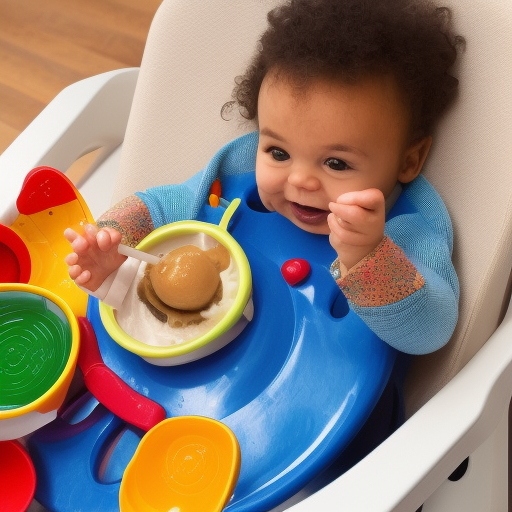 

An image of a smiling baby sitting in a high chair, surrounded by colorful toys, eating from a bowl of pureed food. The baby is happily playing with the toys while eating, showing that mealtime can be a fun and enjoyable experience