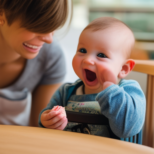 

An image of a baby sitting in a high chair, holding a piece of food in their hand and looking up at their parent with a smile. The parent is looking down at the baby with a supportive and encouraging expression.