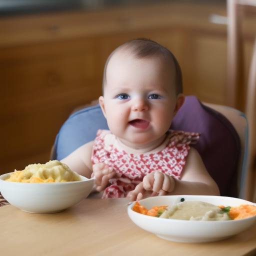 

An image of a baby sitting in a high chair, wearing a bib, with a bowl of mashed vegetables in front of them, and their hands reaching out to grab a spoonful of the food.